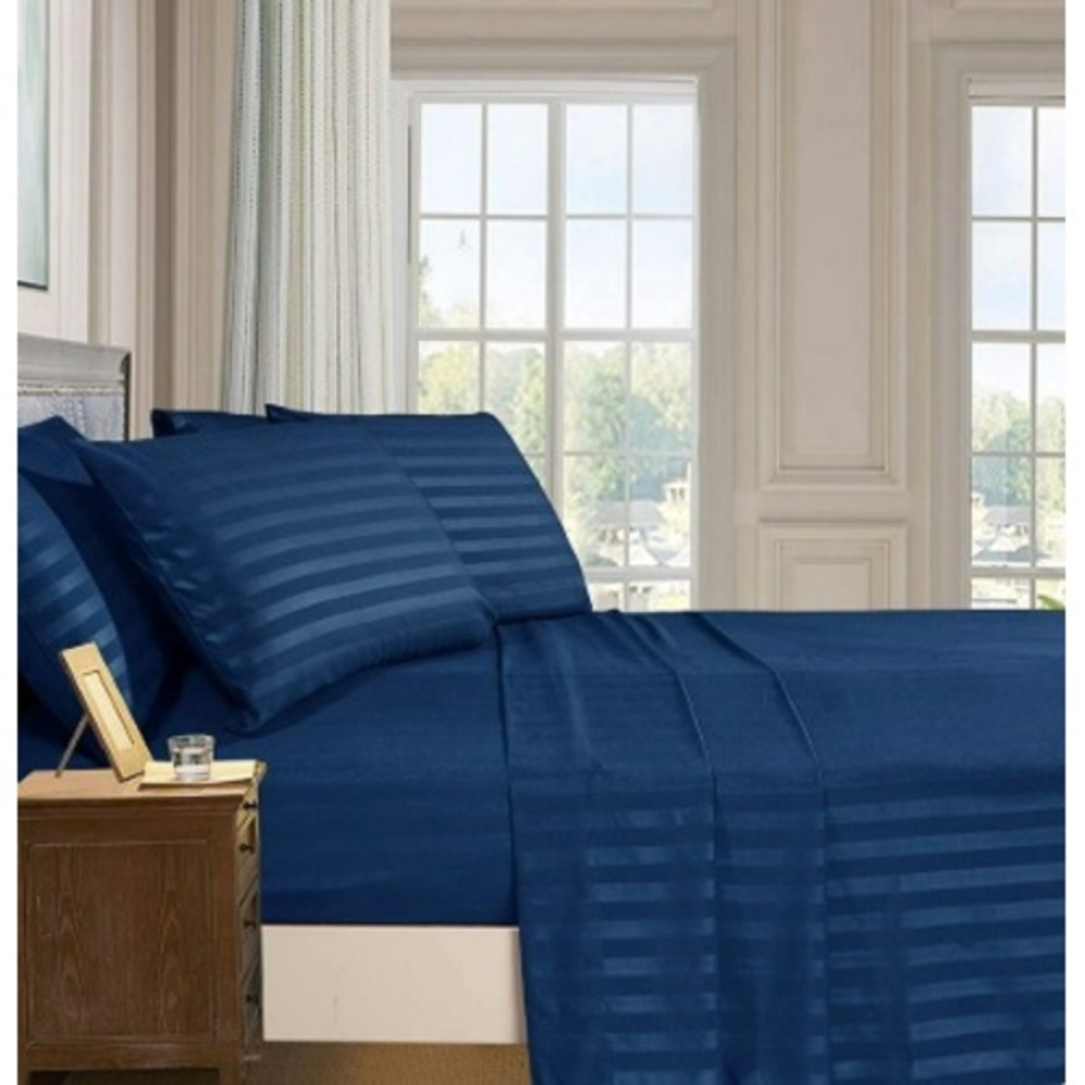 Hotel Collection Full Navy Stripe Flat Sheet Sateen Cotton Blend